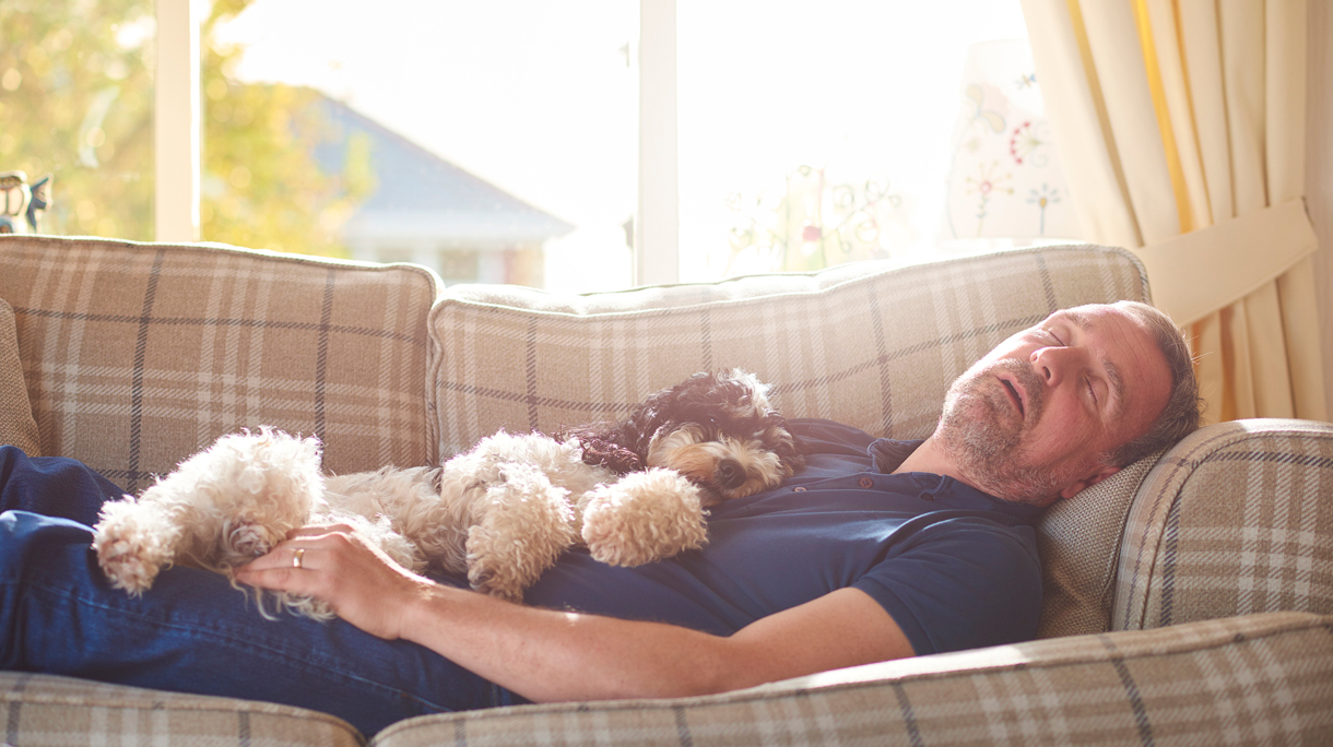 Man slaapt overdag op de bank samen met zijn hondje