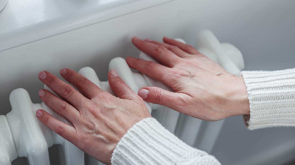 Vrouw warmt haar handen aan de verwarming