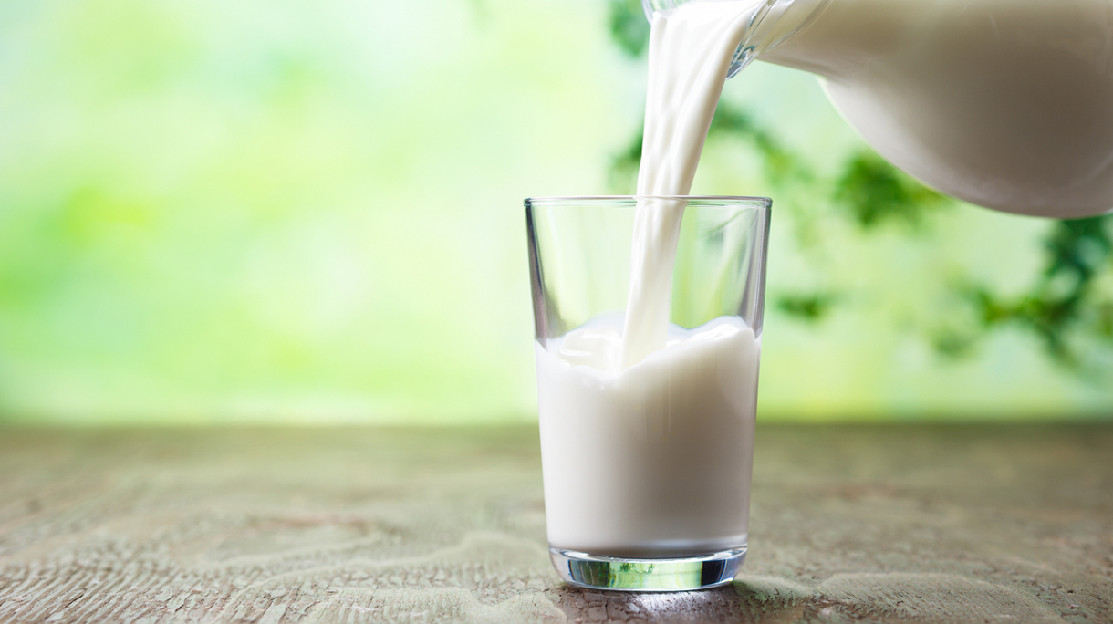 Pouring milk in the glass on the background of nature.