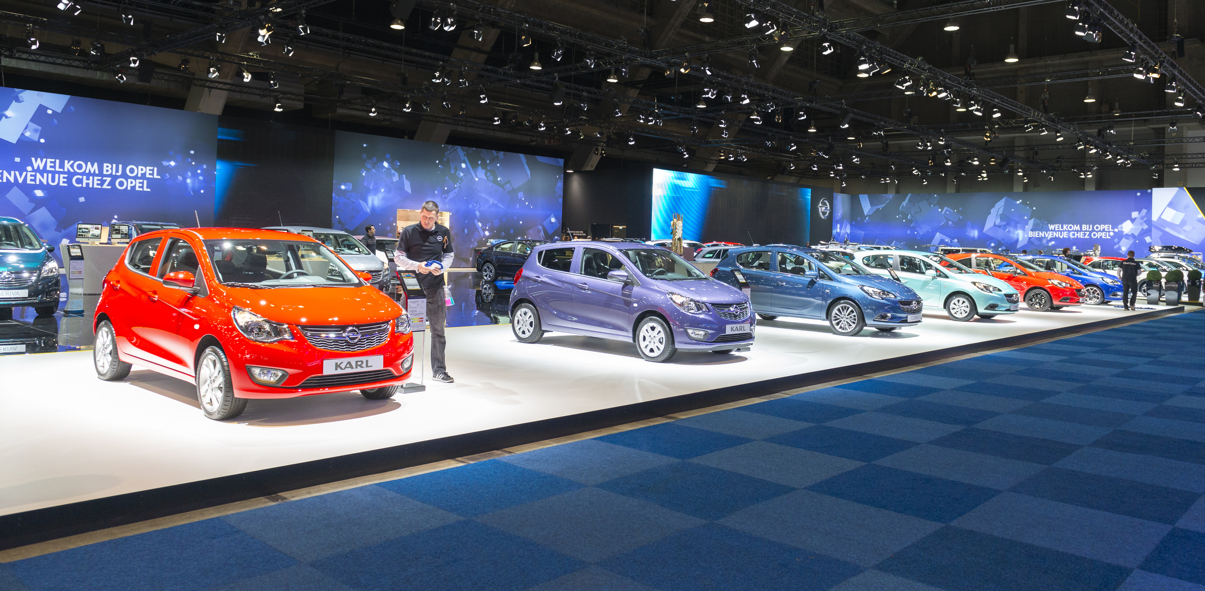 Opel motor show stand with Opel Karl compact hatchback car