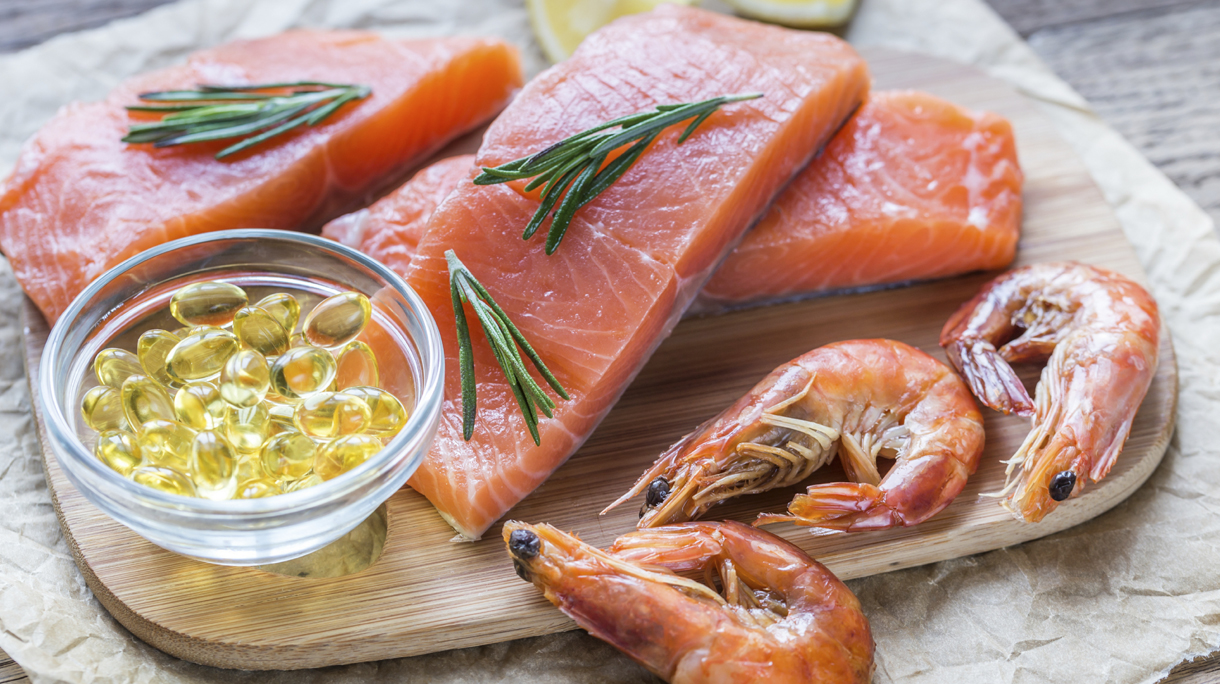 Sources of Omega-3 acid (salmon, shrimps, Omega-3 pills)