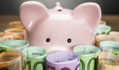 Piggybank Surrounded With Euro Banknotes