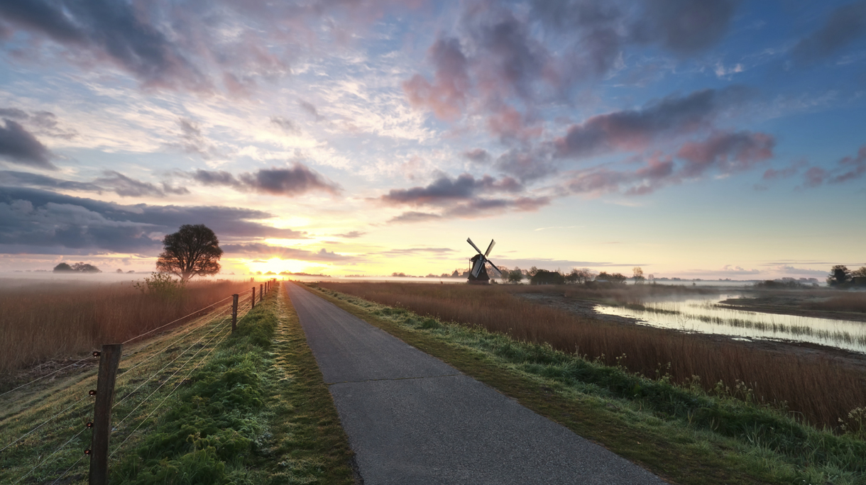 beautiful sunrise on dutch farmland with windmill