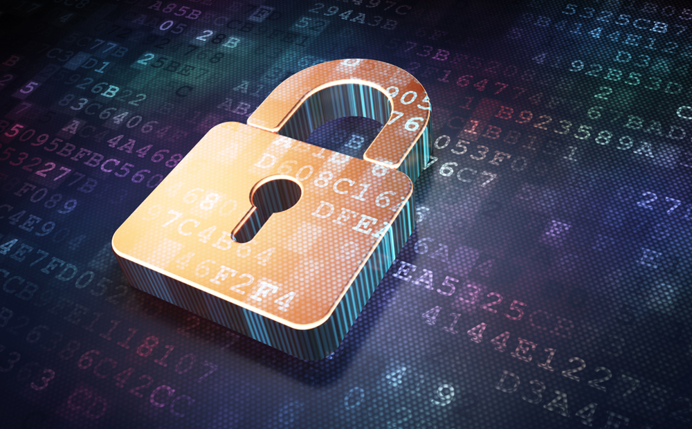 Security concept: Golden closed padlock on digital background