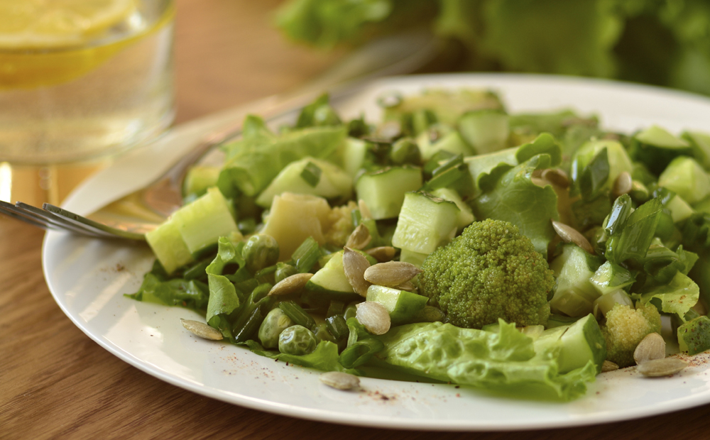 Salad of green vegetables (lettuce, onions, broccoli, cucumber)