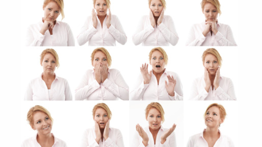 Woman multiple expression image on white background
