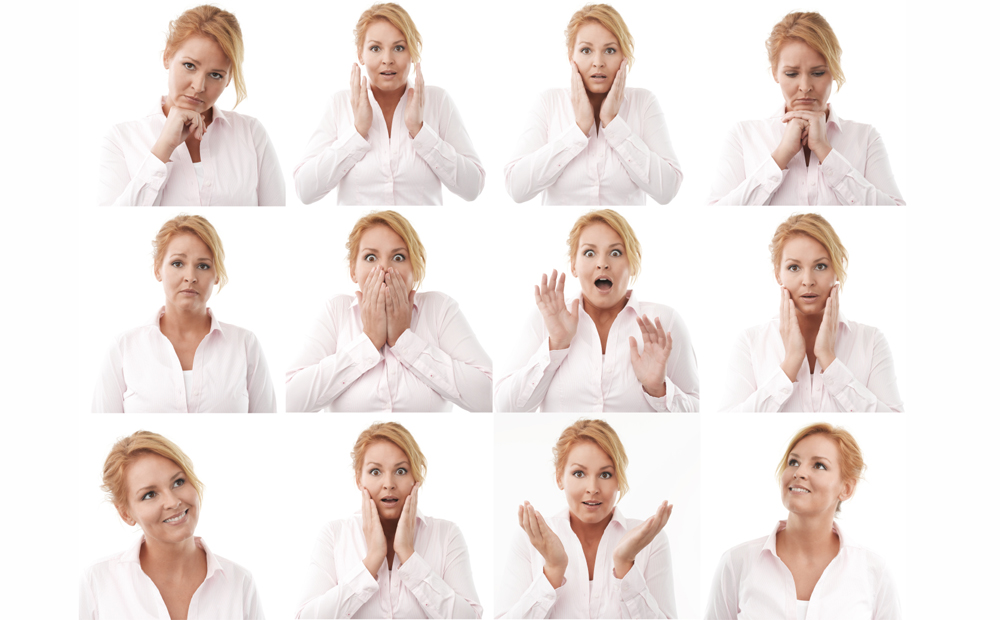 Woman multiple expression image on white background