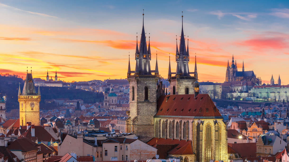 Aerial view over Old Town at sunset, Prague