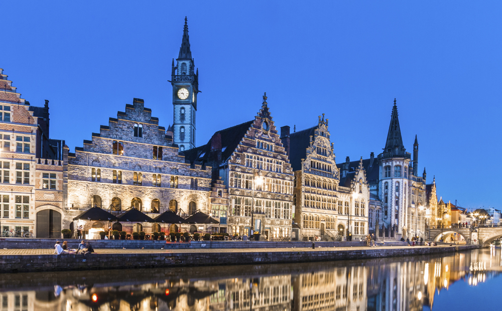 Leie river bank in Ghent, Belgium, Europe.