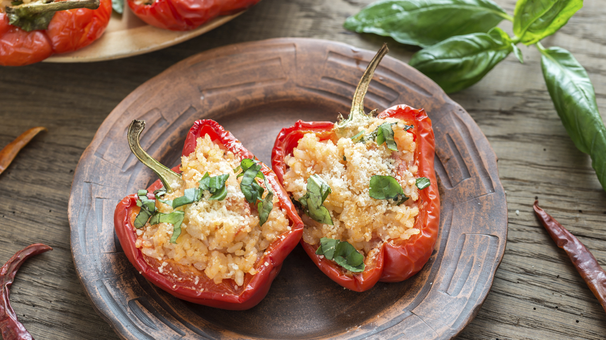 Stuffed red bell peppers with white rice and cheese