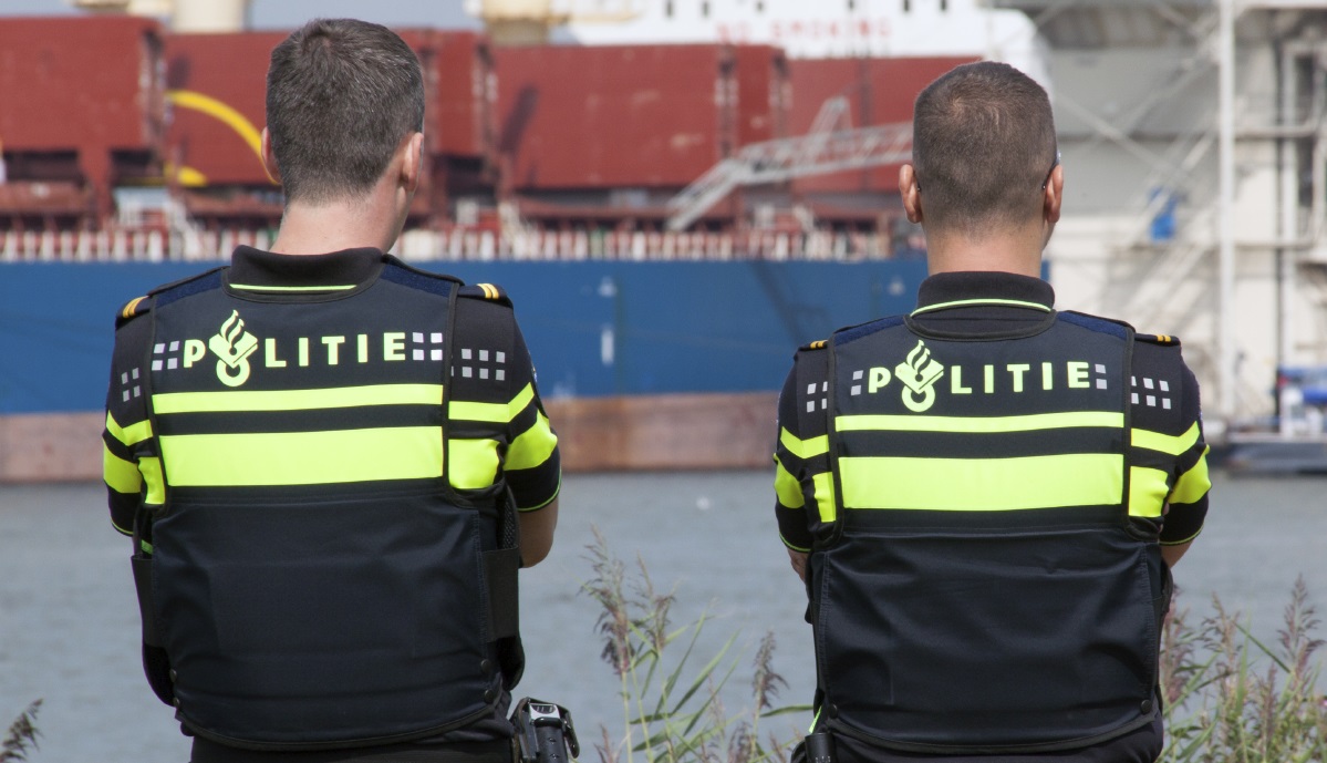 Police officers on patrol in the harbour of Rotterdam