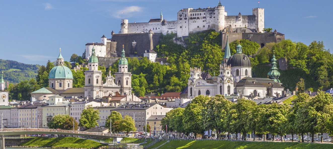 Salzburg skyline with Festung Hohensalzburg and Salzach river in
