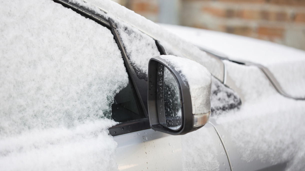 Closeup of a car covered in snow and ice