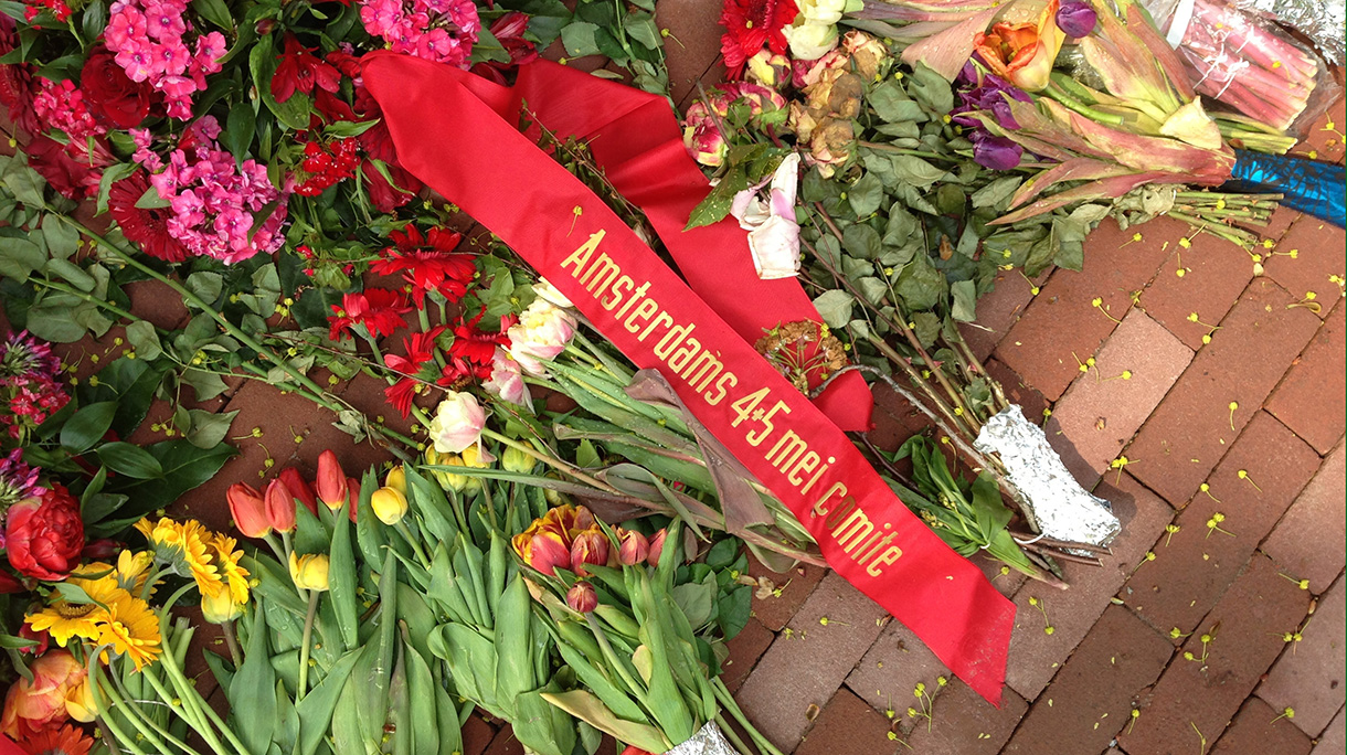 Commemoration Day and Liberation Day flowers and ribbon in Amsterdam