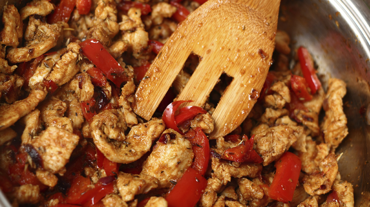 Frying Chicken and Pepper. Series – making tortilla with chicken