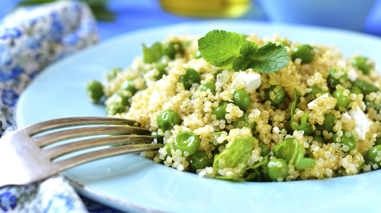 Quinoa salad with green pea,feta and mint.