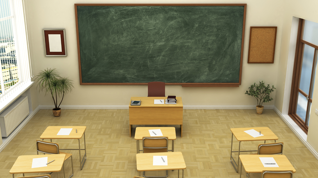 Empty school classroom with blackboard for training. 3D renderin