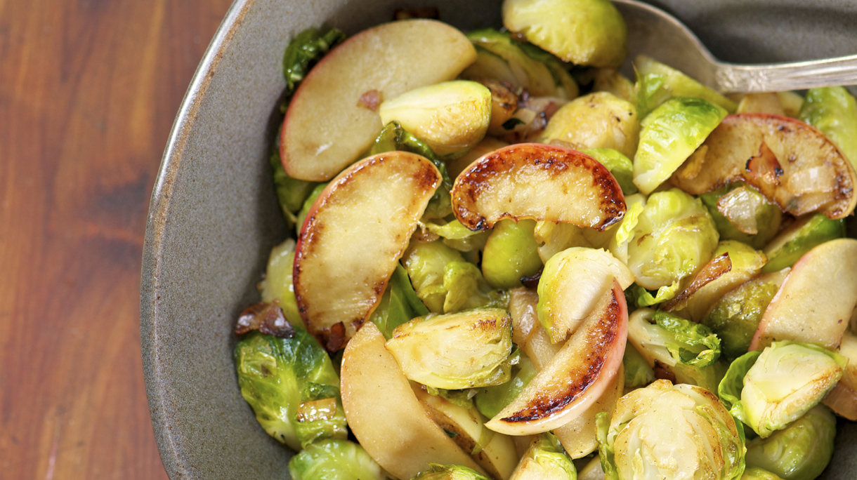 Grey Bowl of Sauteed Brussels Sprouts with Apples