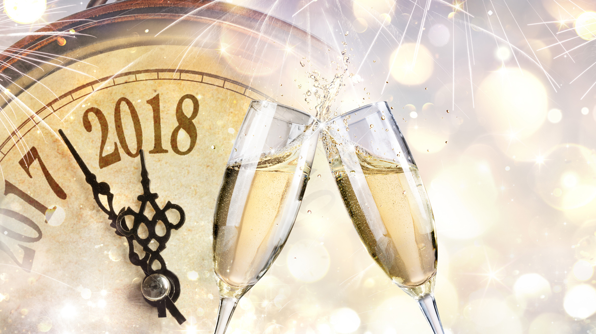 New Year 2018 – Toast With Champagne And Clock
