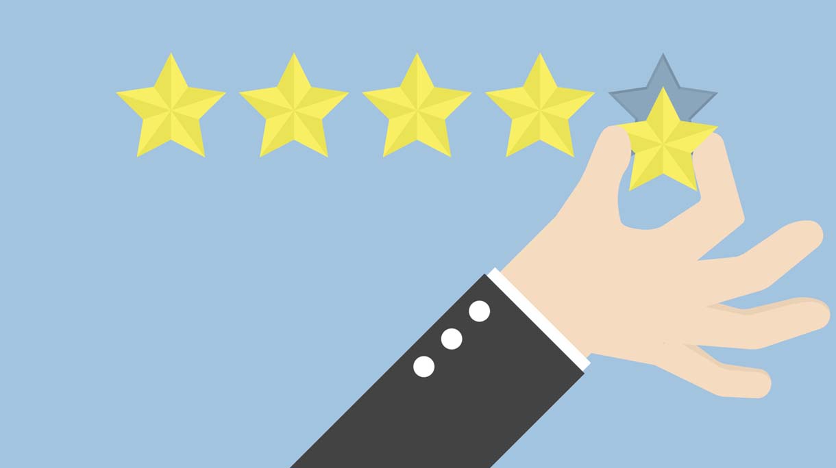 Businessman hand giving five star rating, Feedback concept