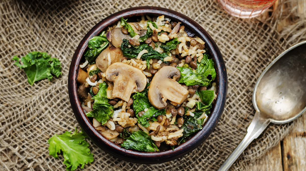 Boerenkool met vegetarische reepjes en paddenstoelen