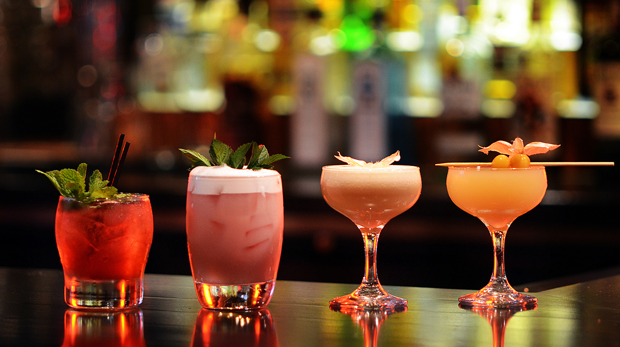 Craft Cocktail Assortment on Well Lit Bar
