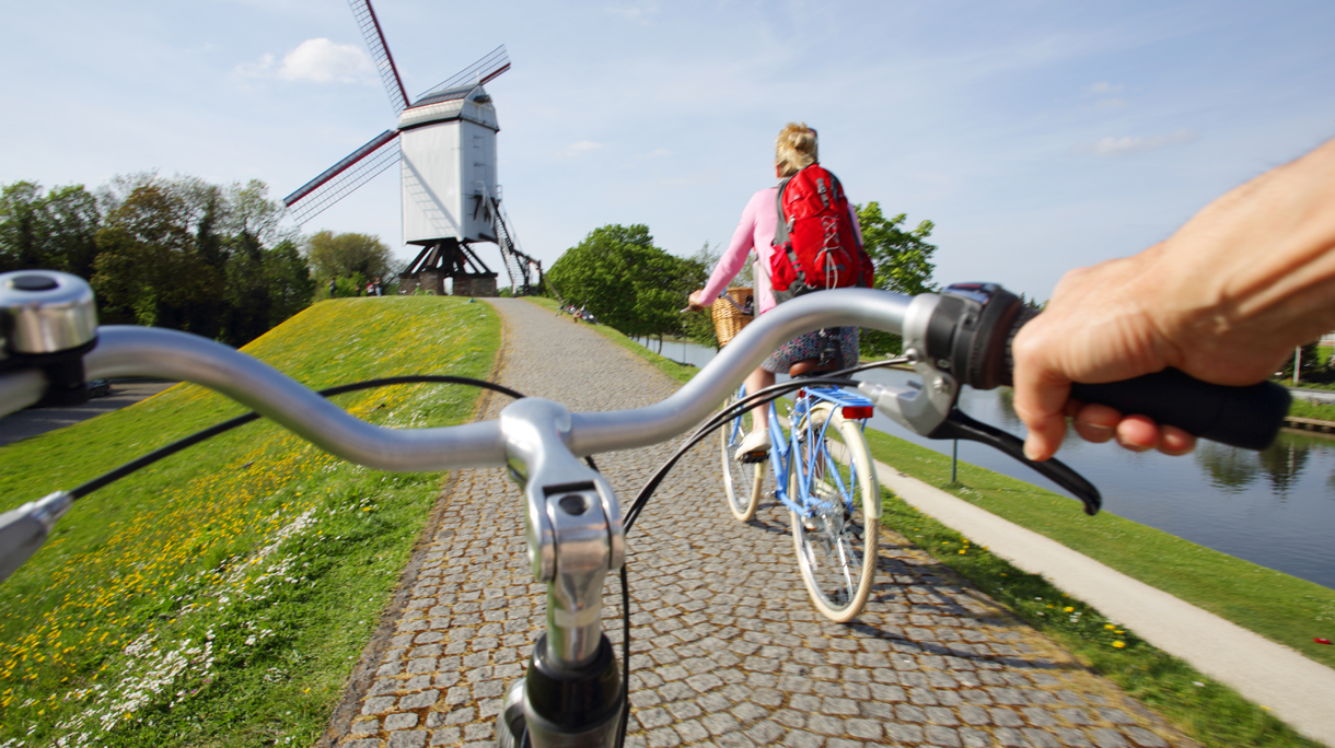 couple riding bikes towards windmill.