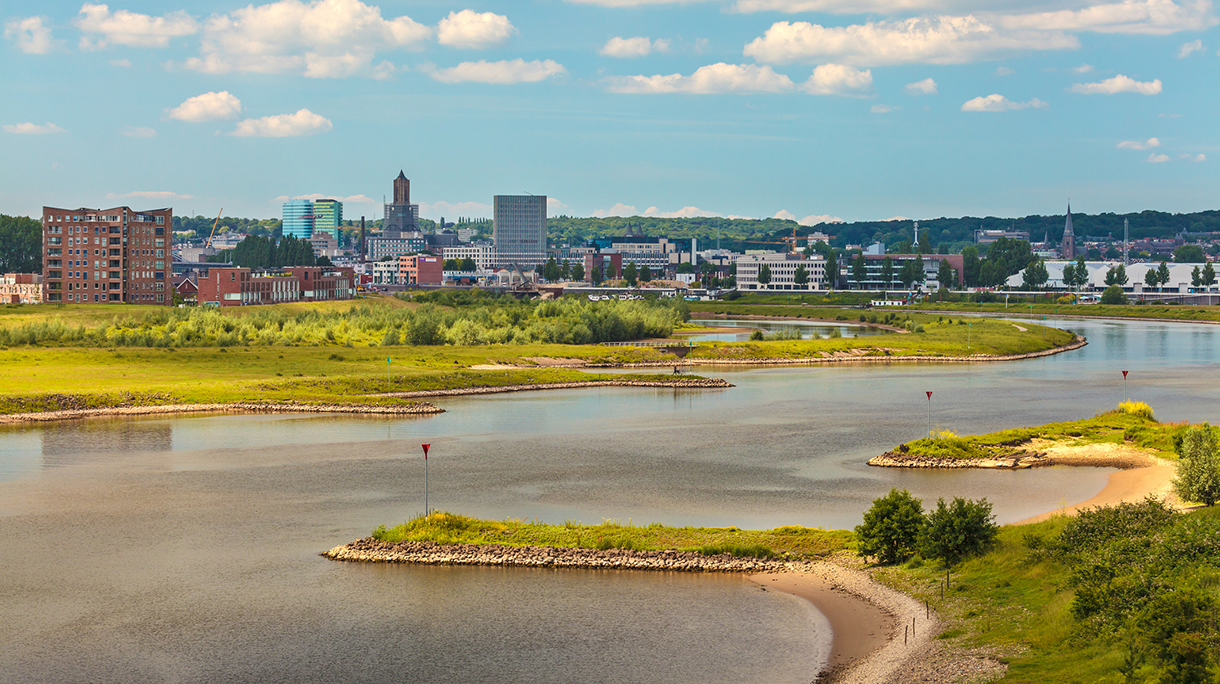 The Dutch city of Arnhem with the Nederrijn in front