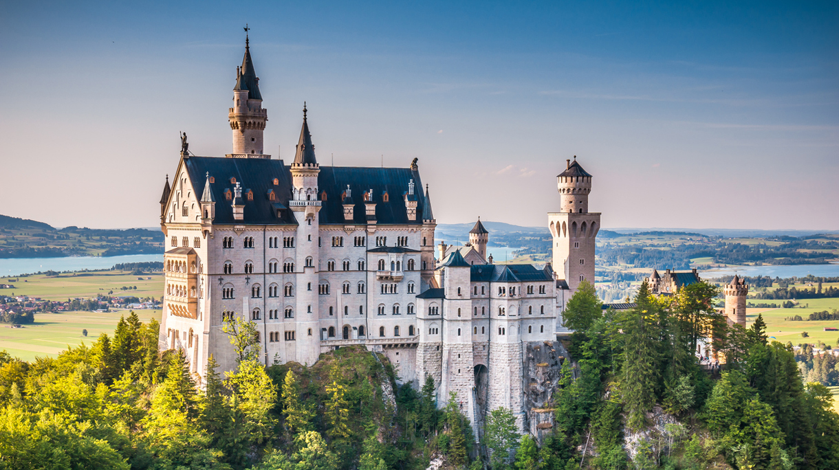 Famous Neuschwanstein Castle with scenic mountain landscape near Fussen, Germany