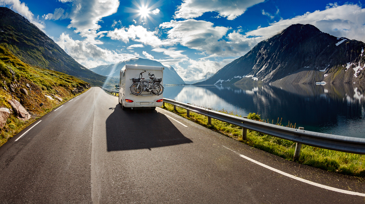 Caravan car travels on the highway.