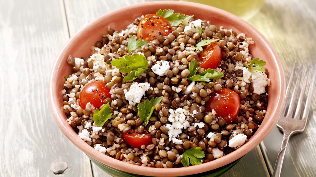 Lentil and Bulgur Salad with Feta and Fresh Spinach
