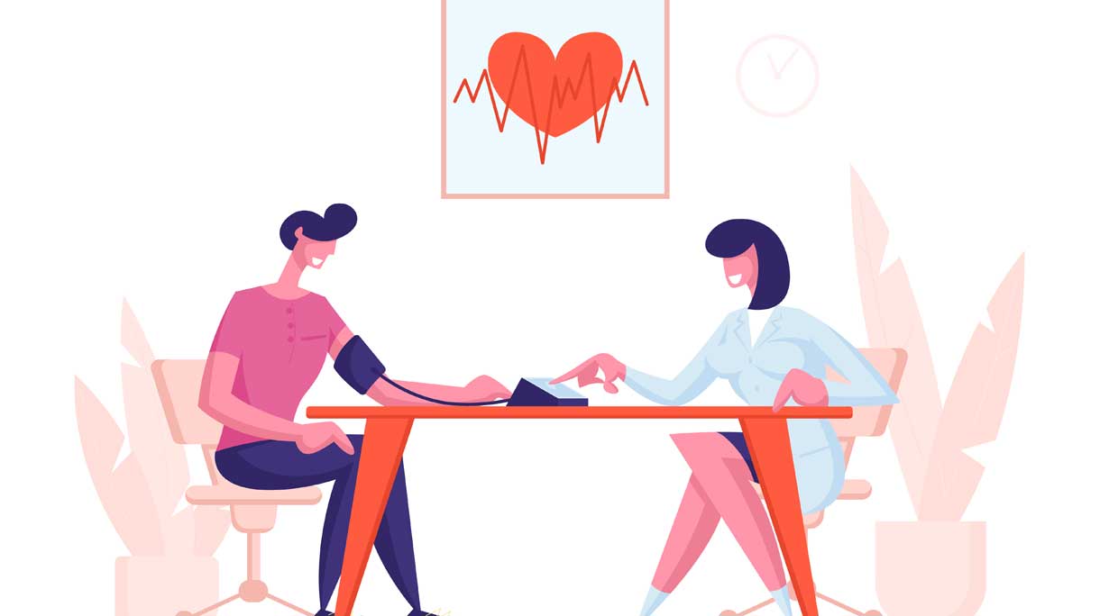 Illustratie van patient met hoge bloeddruk bij de dokter