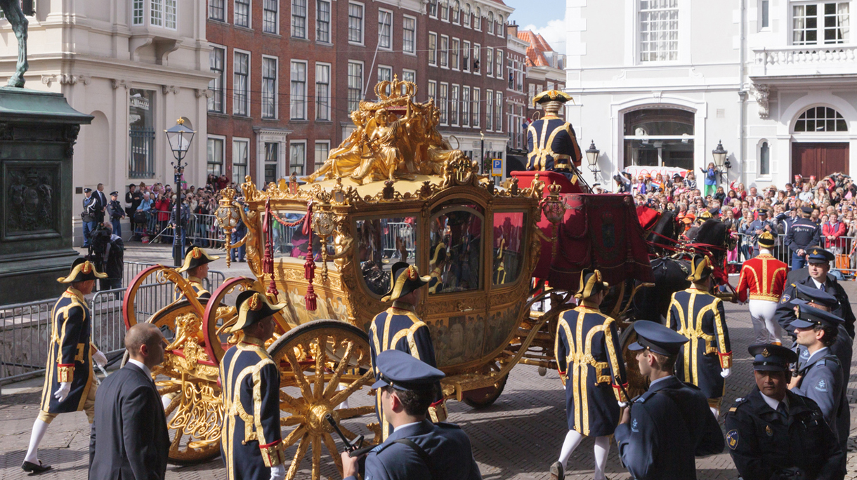 Golden Carriage arriving at Noordeinde Palace in The Hague