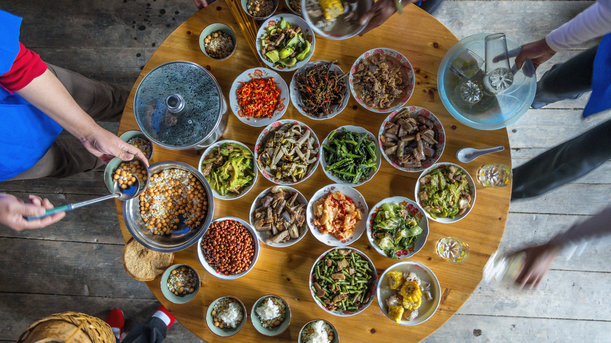 Chinese dinner at home, high angle view