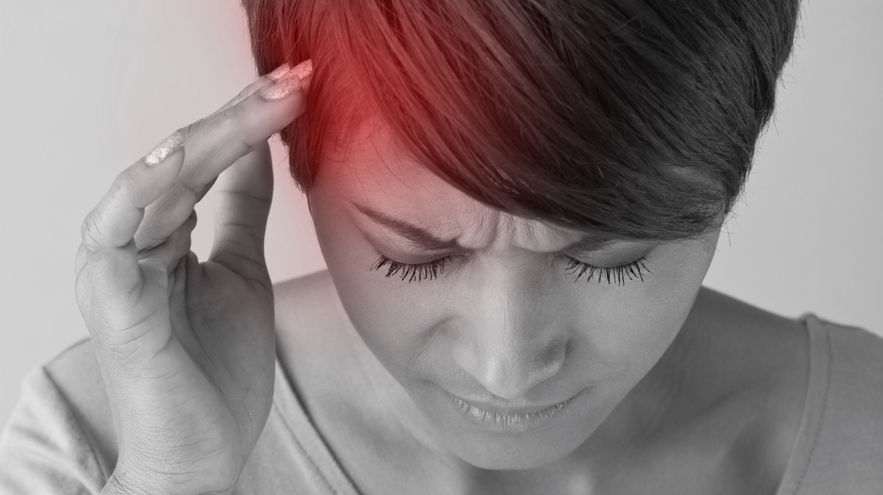 sick woman with pain, headache, migraine, stress, close up shot