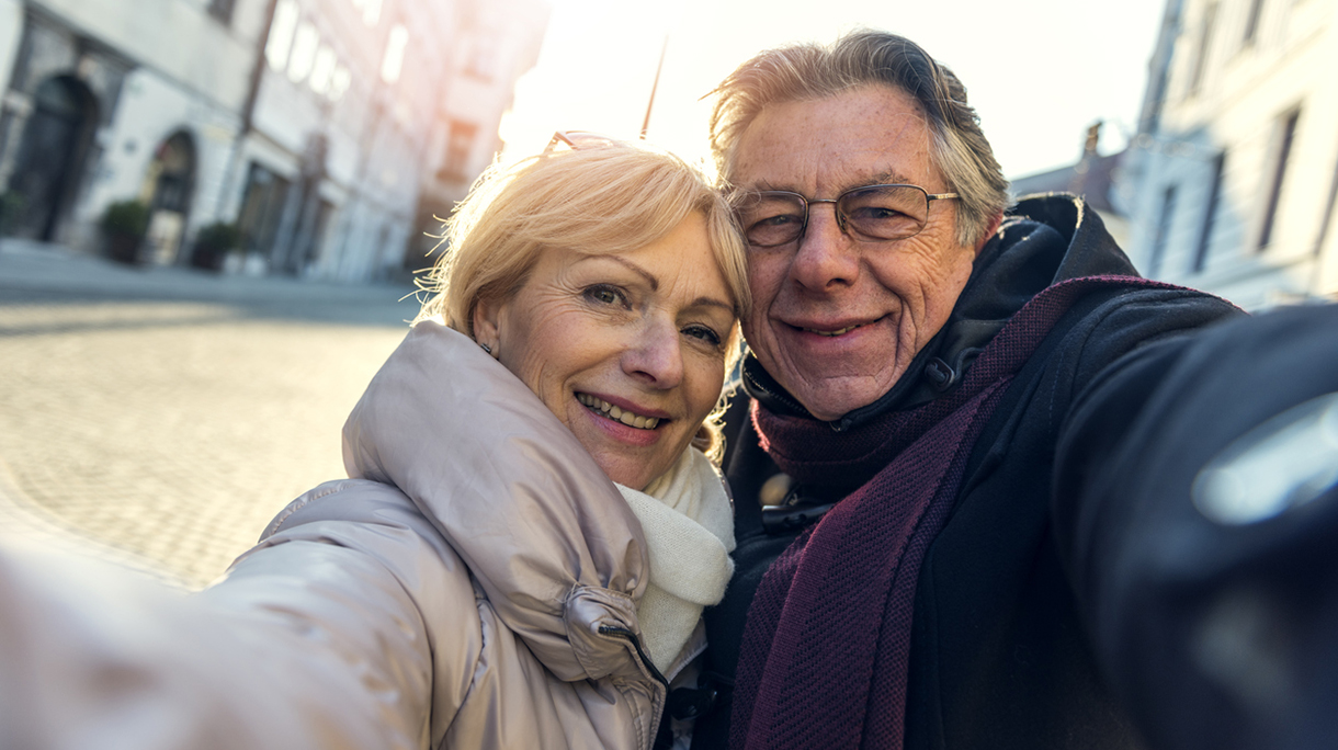 Tourist couple taking a selfie in Ljubljana, Slovenia