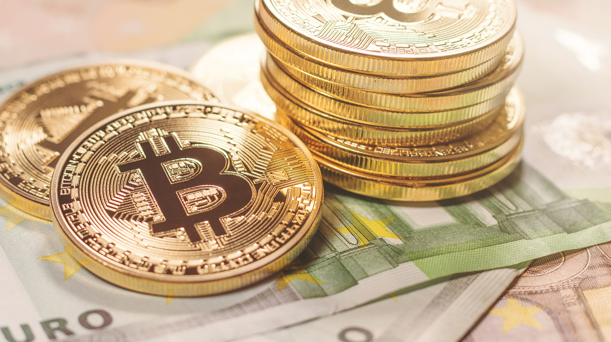 Golden bitcoin Euro background. Bitcoin cryptocurrency.