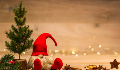 red christmas wretch next to fir tree and cinnamon sticks