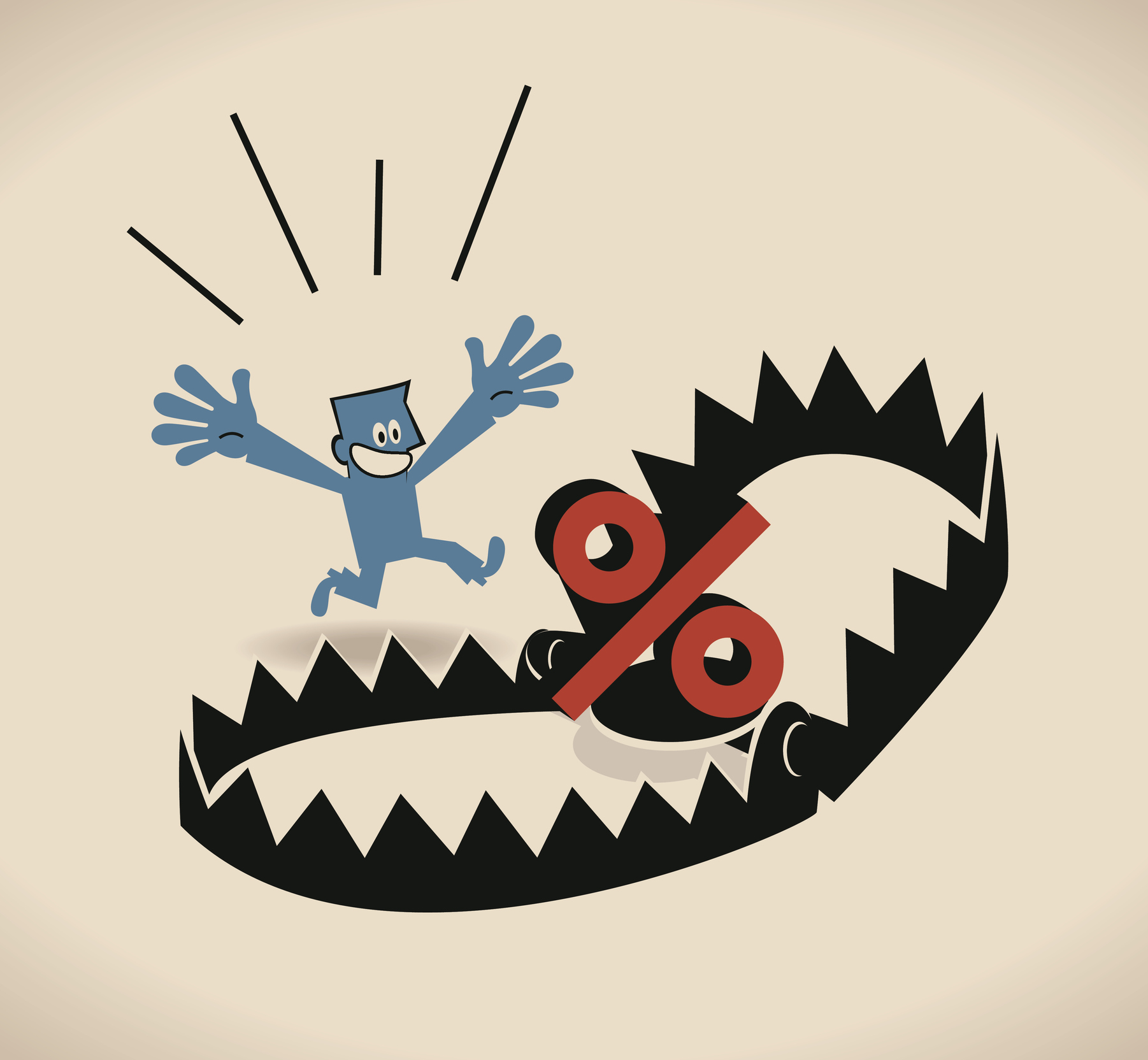 Businessman and bear trap (pitfall) with Percent symbol (sign) bait