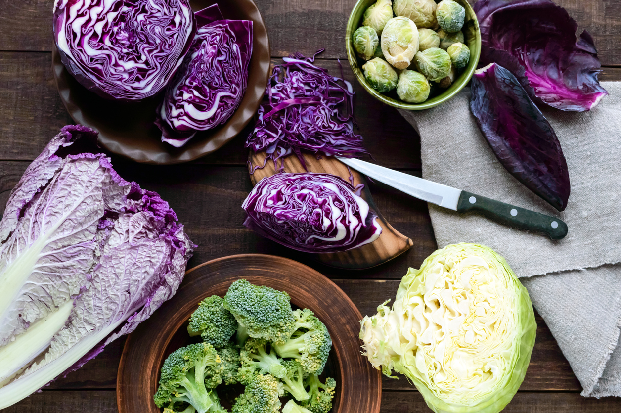 Many kinds of cabbage – red, broccoli, Brussels sprouts, white
