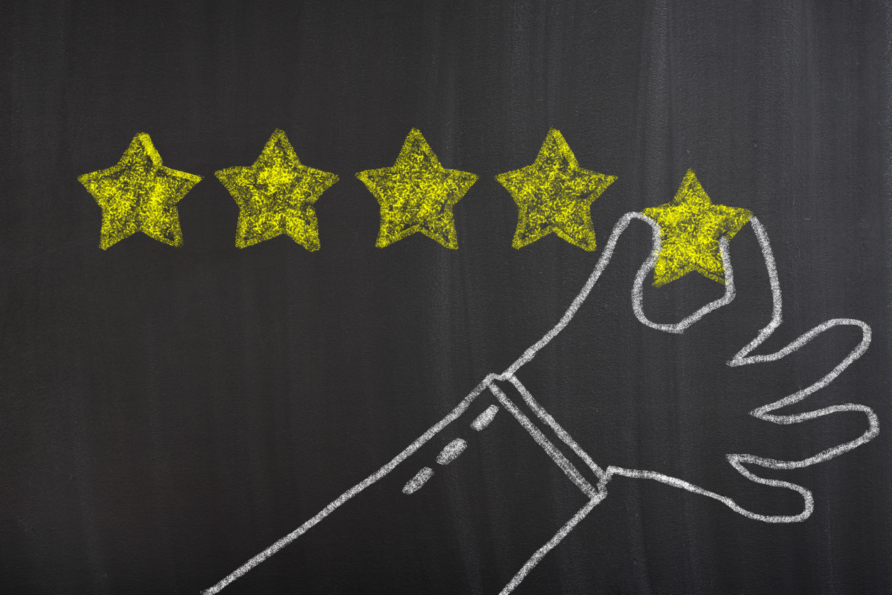 Businessman hand giving five star rating, Feedback concept