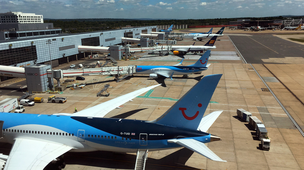 Airplanes on their gates, Gatwick Airport