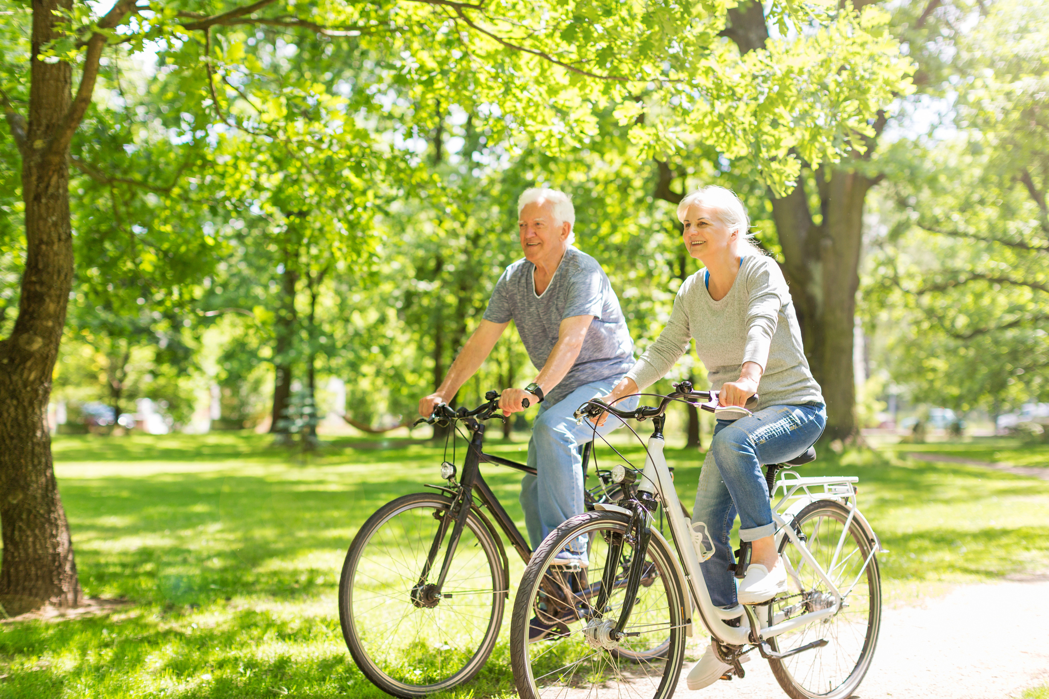 Senior Couple Riding Bikes In Park