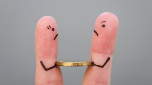 Fingers art of family during quarrel. Concept of man and woman cannot divide money after divorce.