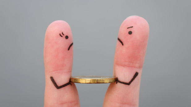 Fingers art of family during quarrel. Concept of man and woman cannot divide money after divorce.