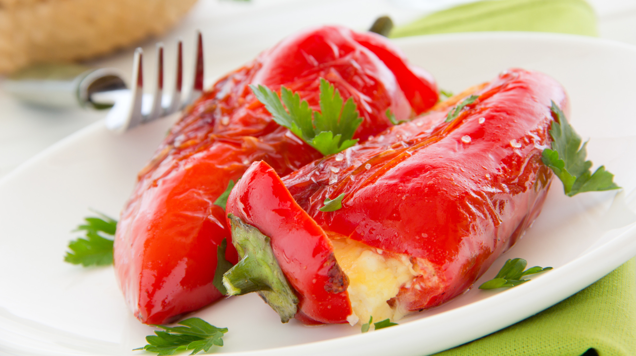 Roasted peppers stuffed with feta cheese, selective focus.