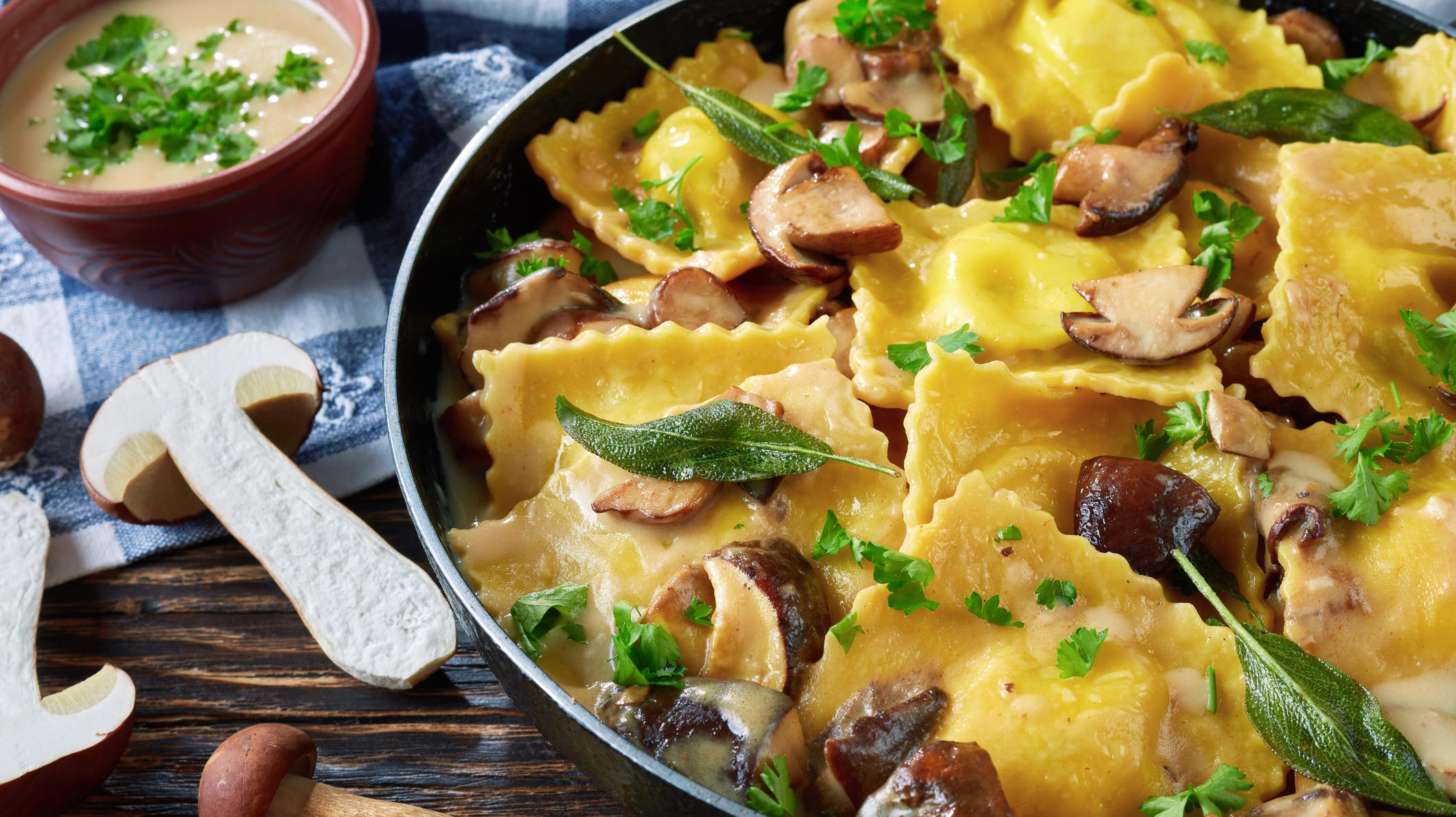 homemade ravioli in garlic mushrooms sauce