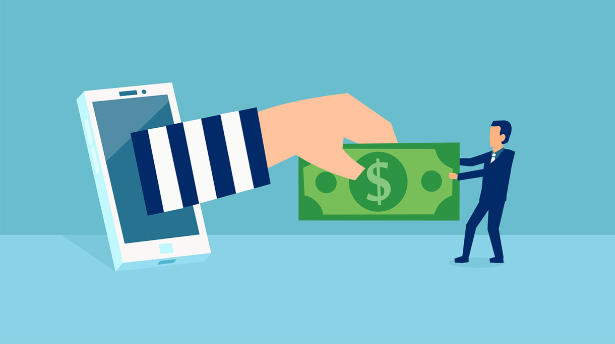 Vector of a virtual thief breaking into mobile internet account of a businessman stealing money from him