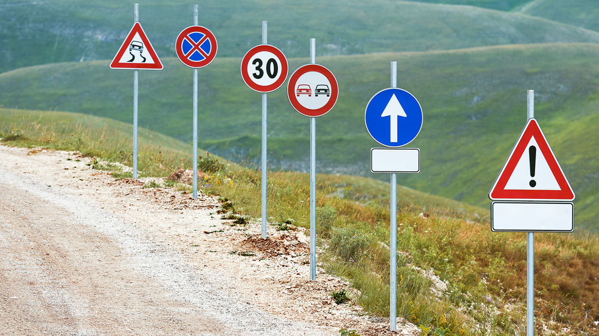 Six Road Signs near Castelluccio, Umbria, Italy