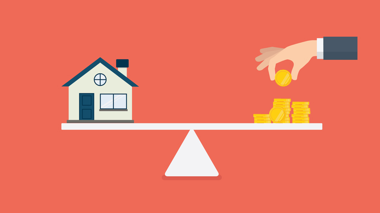Property investment illustration. Home and stack of money on the scale. Buying a home. Real estate